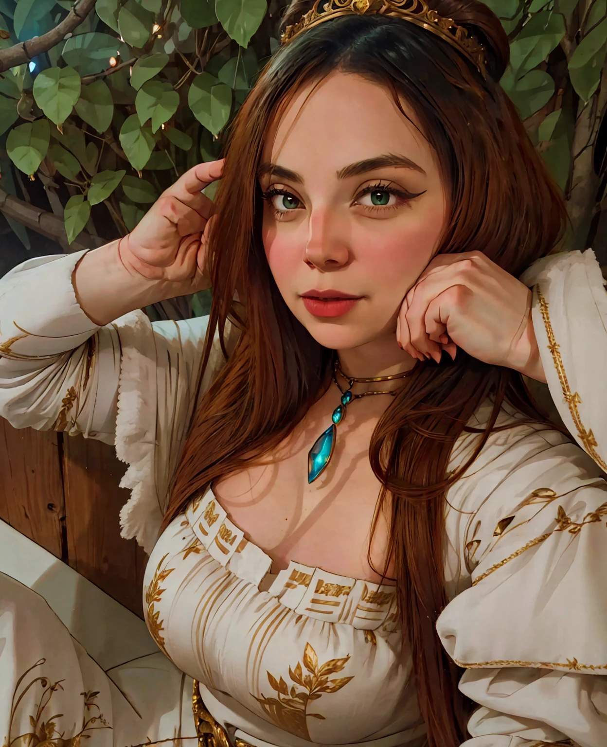 A beautiful dwarf female fantasy character, detailed facial features, glowing eyes, intricate hairstyle, ornate jewelry, elegant medieval dress, lush fantasy forest background, cinematic lighting, muted color palette, highly detailed, masterpiece, 4k