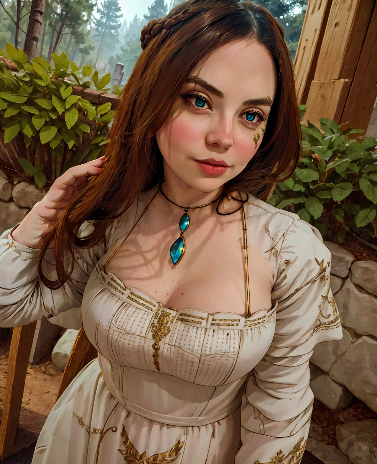 A beautiful dwarf female fantasy character, detailed facial features, glowing eyes, intricate hairstyle, ornate jewelry, elegant medieval dress, lush fantasy forest background, cinematic lighting, muted color palette, highly detailed, masterpiece, 4k