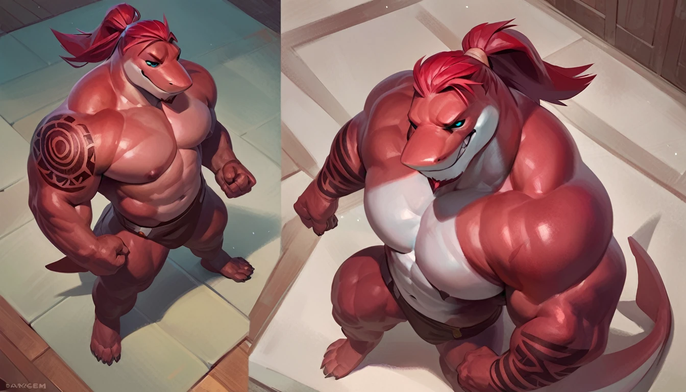 bright red colored bara shark, white countershade, red skin, huge plump pecs, strong physique, tribal tattoos, scarlet samurai hair in ponytail, cyan colored eyes, black sclera, very muscular, perfect anatomy, scars on body, full body view in frame,  masterpiece, beard, strong jaw, thick thighs, giant biceps,  muscular,  amazing shading, full body, detailed hands, detailed eyes, detailed face, detailed arms,anthro,   flexing arms, closeup, from above angle, great composition,                     muscular, abs, (detailed:1.5), male, detailed background, solo,  by earthist_(artist), by taran fiddler:0.6, by darkgem,