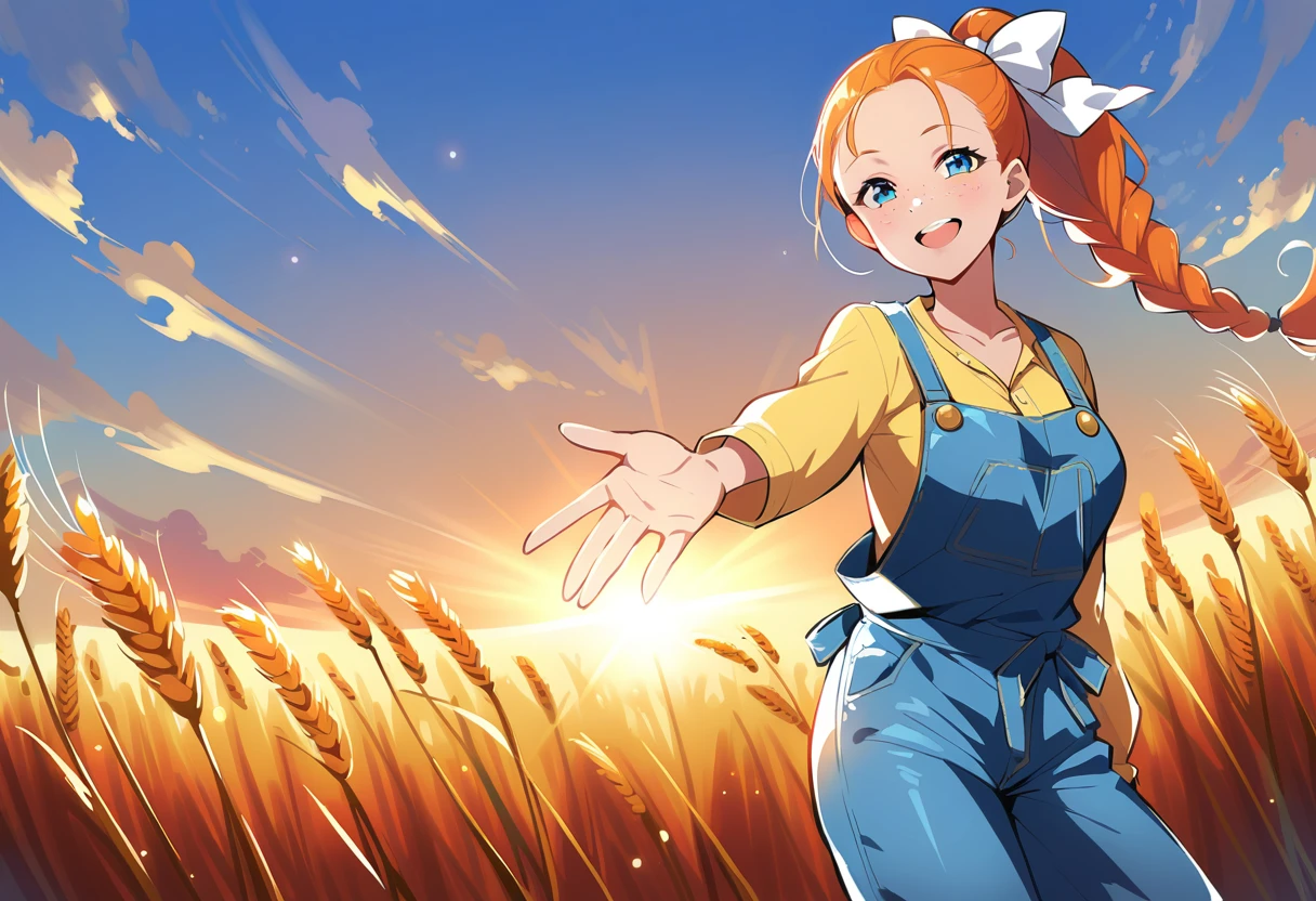 pewarnaan character, visual illustration, @ANN, ann \(harvest moon\), ran \(bokujou monogatari\), aged up, 1girl, ponytail, braid, braided ponytail, single braid, forehead, solo, (overalls), outdoors, sky, wheat, field, (blue overalls), smile, blue eyes, wheat field, looking at viewer, breasts, long sleeves, yellow shirt, orange hair, blonde hair, cowboy shot, collarbone, collared shirt, cleavage, denim, upper teeth only, medium breasts, standing, teeth, oversized clothes, long hair, partially unbuttoned, pants, oversized shirt, buttons, head tilt, flat chest, hair bow, white bow, tomboy, round teeth, plaid shirt, denim overalls, mature female, tall, tall female, slim body, freckles, twilight, cloudy sky, scenery, reaching, grass, floating braid, sunset, cloud, scenery, jeans, bow, hair ribbon, sparkle, sunbeam, light rays, highres, 4k, 8k