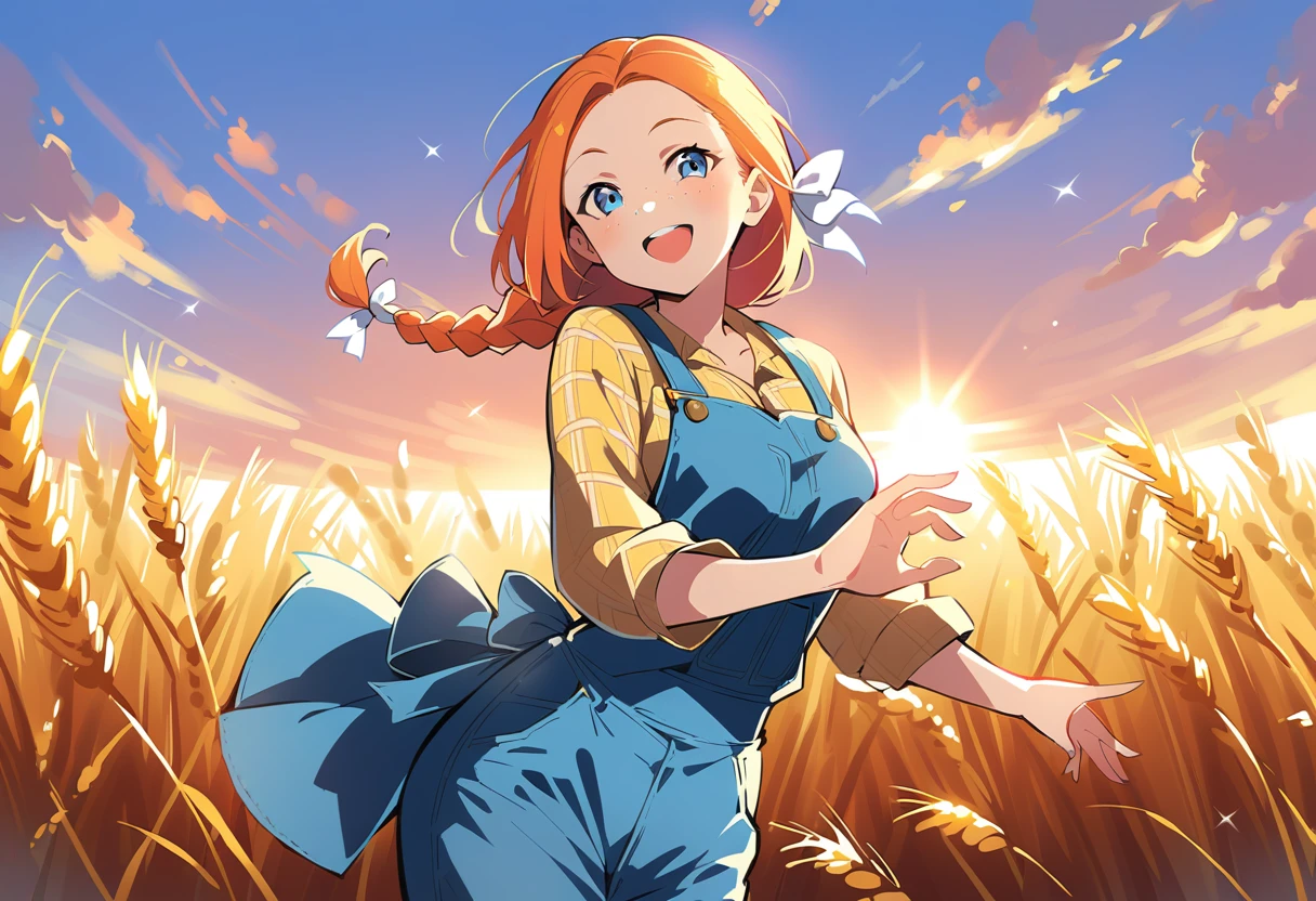 pewarnaan character, visual illustration, @ANN, ann \(harvest moon\), ran \(bokujou monogatari\), aged up, 1girl, ponytail, braid, braided ponytail, single braid, forehead, solo, (overalls), outdoors, sky, wheat, field, (blue overalls), smile, blue eyes, wheat field, looking at viewer, breasts, long sleeves, yellow shirt, orange hair, blonde hair, cowboy shot, collarbone, collared shirt, cleavage, denim, upper teeth only, medium breasts, standing, teeth, oversized clothes, long hair, partially unbuttoned, pants, oversized shirt, buttons, head tilt, flat chest, hair bow, white bow, tomboy, round teeth, plaid shirt, denim overalls, mature female, tall, tall female, slim body, freckles, twilight, cloudy sky, scenery, reaching, grass, floating braid, sunset, cloud, scenery, jeans, bow, hair ribbon, sparkle, sunbeam, light rays, highres, 4k, 8k