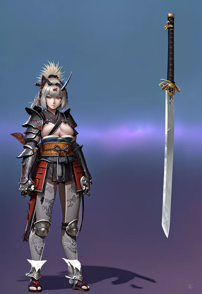 (masterpiece), best quality, high quality art, very detailed texture, super detailed picture high detail texture, high texture detail, super detailed render, hd detailed texture, 1Girl, standing, master piece, full body character concept, full body character design, full body concept art, Samurai, face hidden by Armor helmet shadow, Gray armor, Green tattoo, swordman, detailed Armor Japan, Samurai, beside there is a Katana, green symbol, full Gray Armor japan, big boob
