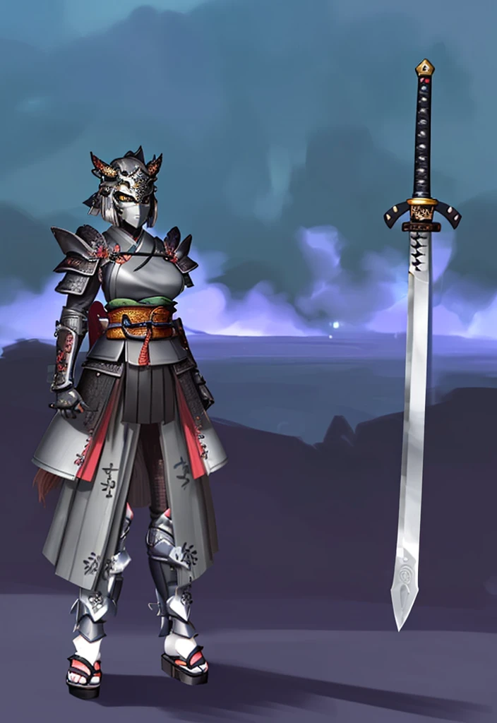 (masterpiece), best quality, high quality art, very detailed texture, super detailed picture high detail texture, high texture detail, super detailed render, hd detailed texture, 1Girl, standing, master piece, full body character concept, full body character design, full body concept art, Samurai, face hidden by Armor helmet shadow, Gray armor, Green tattoo, swordman, detailed Armor Japan, Samurai, beside there is a Katana, green symbol, full Gray Armor japan, big boob