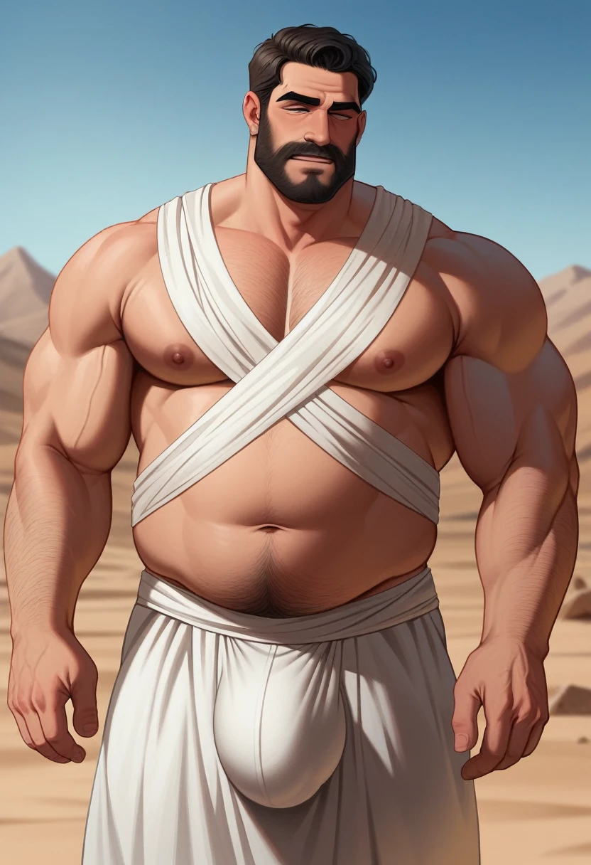 (best quality,4k,8k,highres,masterpiece:1.2), age 40, white man, horny disgusting, muscular chubby, kind, mature daddy, big bulge, thick arms, dilf, arab, white dress, white dishdashah, in the desert, Egypt, arab clothes, dishdashah, white thawb, big chest and belly, slightly balding, smileling, arching, bending*
