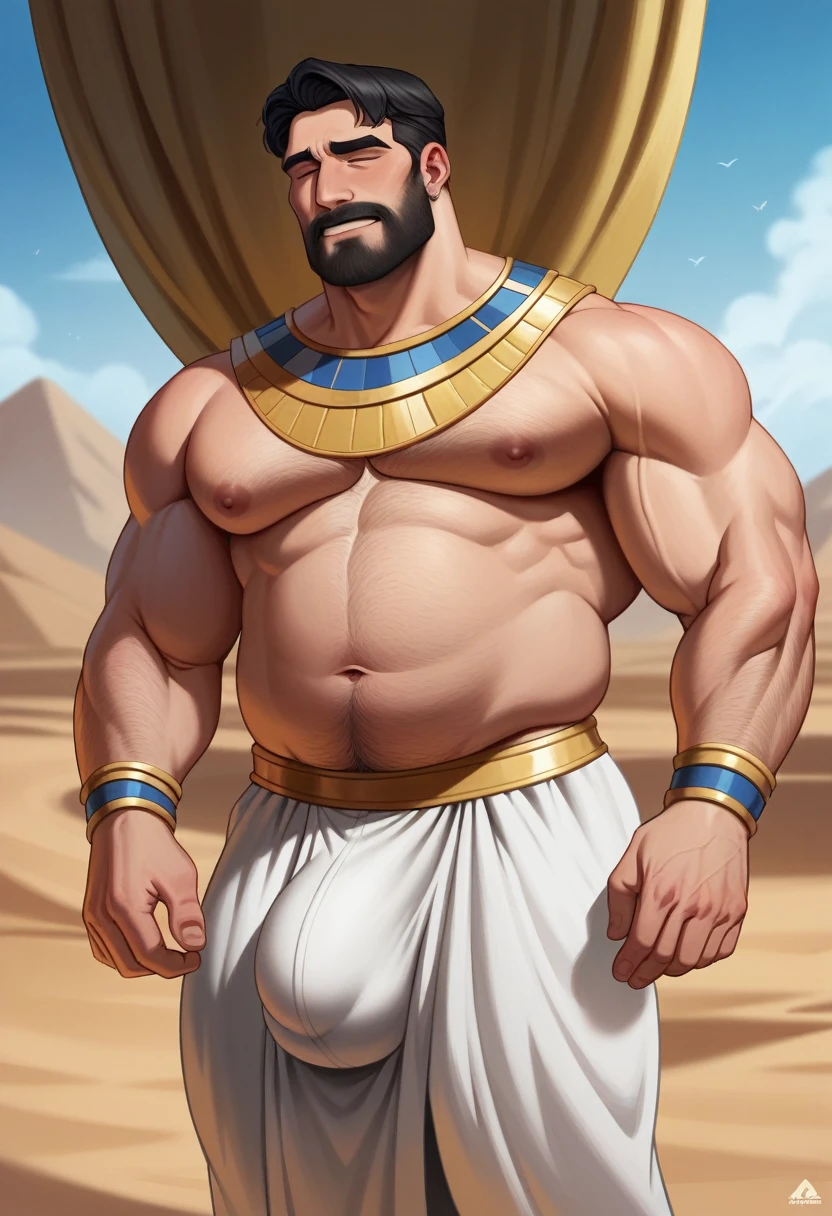 (best quality,4k,8k,highres,masterpiece:1.2), age 40, white man, horny disgusting, muscular chubby, kind, mature daddy, big bulge, thick arms, dilf, arab, white dress, white dishdashah, in the desert, Egypt, arab clothes, dishdashah, white thawb, big chest and belly, slightly balding, smileling, arching, bending*