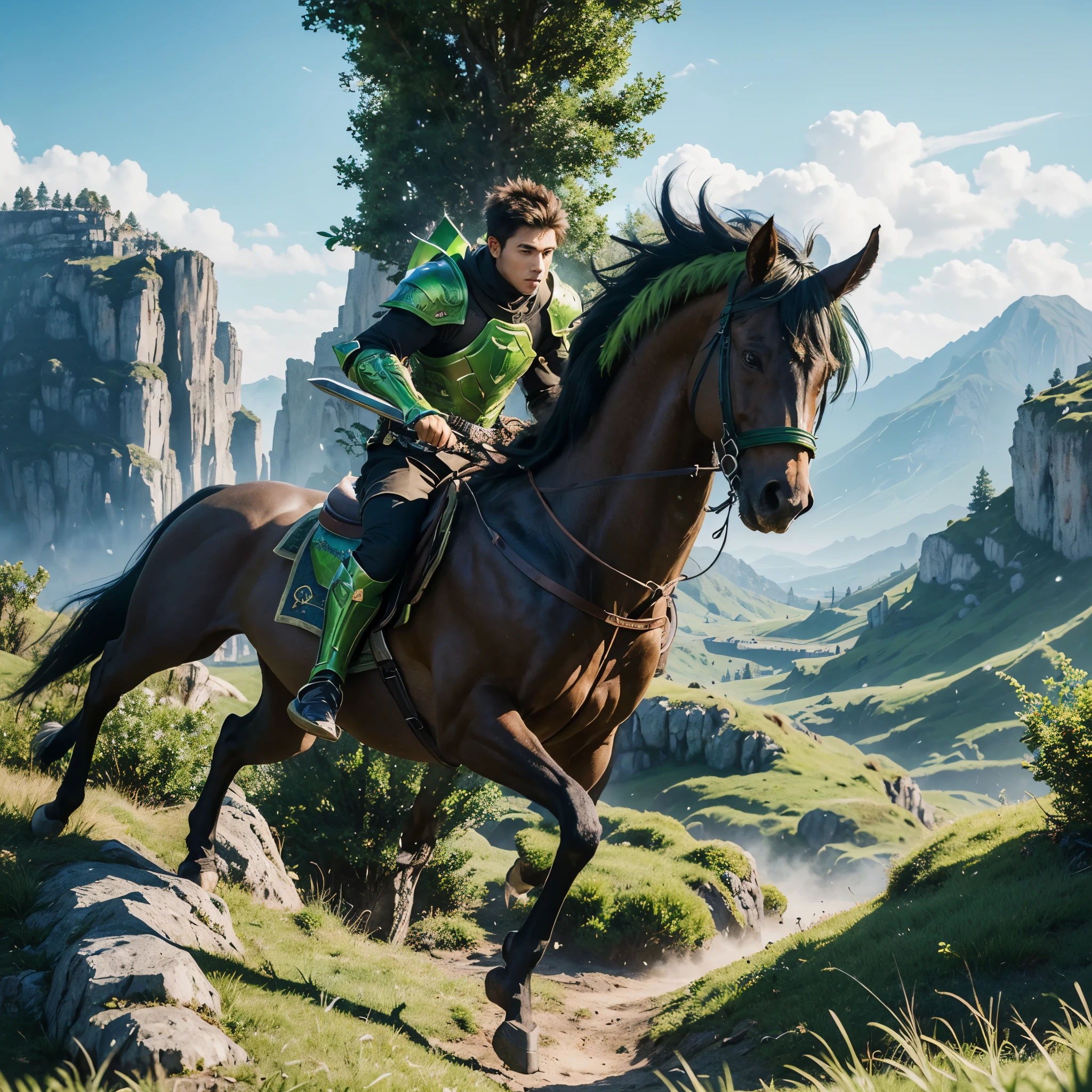 Create an image of a young man wearing green and lime green armor, equipped with a large sword and determinedly heading towards monster hunting. Capture the bravery and adventurous spirit of a protagonist type, with rugged terrain and looming shadows of mythical creatures in the background, adding a sense of danger and excitement.