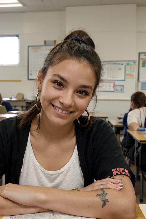 University student in class with messy ponytail, earrings, Spanish, smile, tattoes on left arm, studying in class, milf