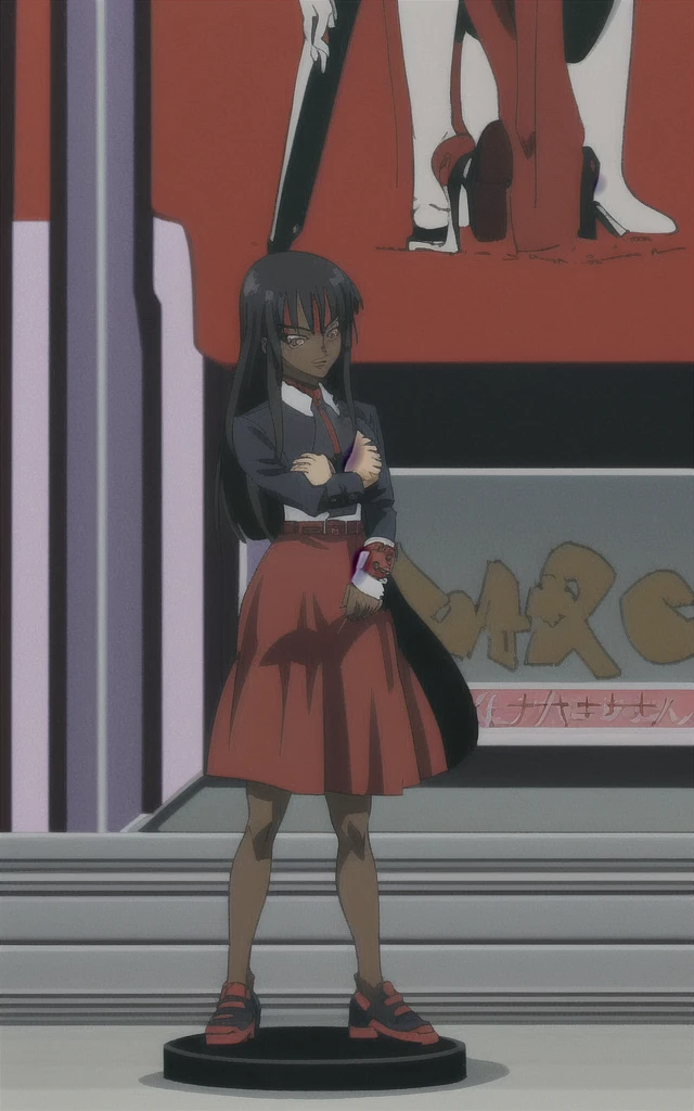 90s anime adult Evil black skinned business woman in a red skirt and red suit full body
