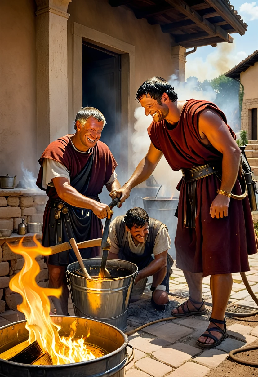 "A detailed image of Roman workers using buckets and tools to extinguish the flames as soon as the homeowner signs the contract. Crassus watches with a satisfied smile as the fire is being controlled."
Size: "1024x1024"