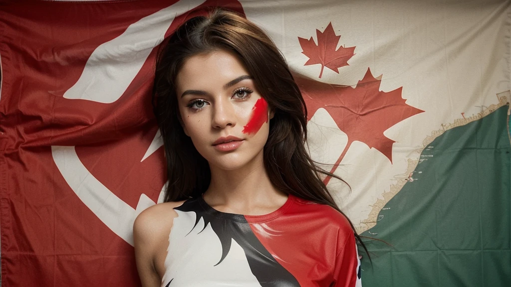 
Generate an image of a sexy girl with Canadian features 
put paint on her face in the colors of the Canadian flag, also dress her in sexy clothes of the same colors with the flag and map of Canada