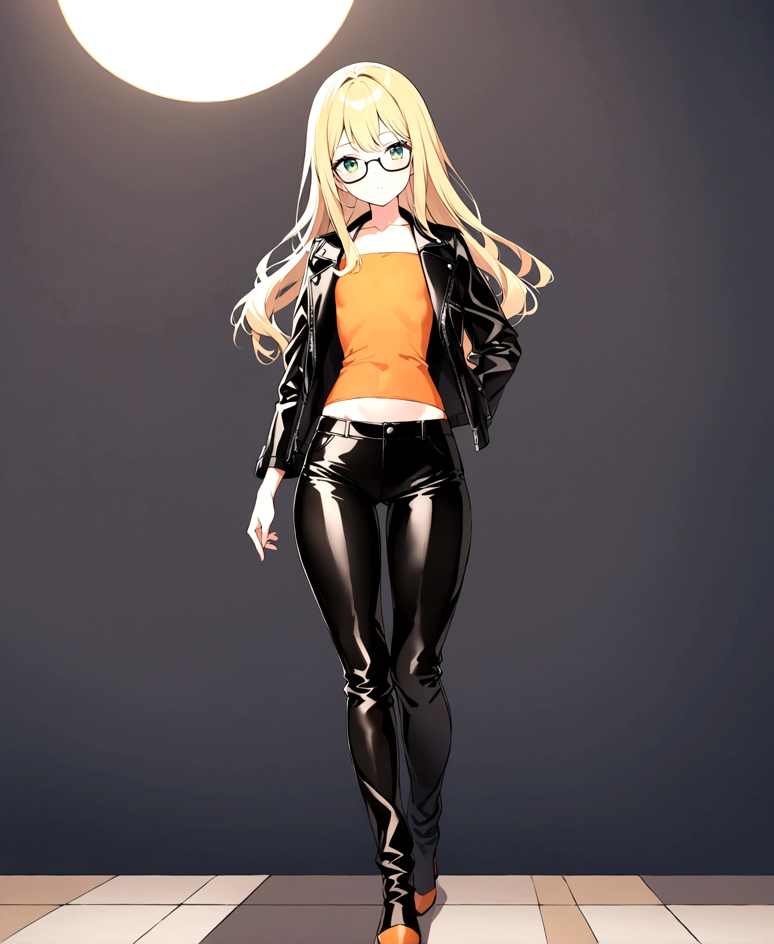 a beautiful girl, with long blonde hair, who wears black glasses, with wide hips, narrow waist, flat chest, pretty face, with green eyes, 18 years, perfect and glowing skin, wearing flared leather pants and a leather jacket, with an orange blouse, full body.