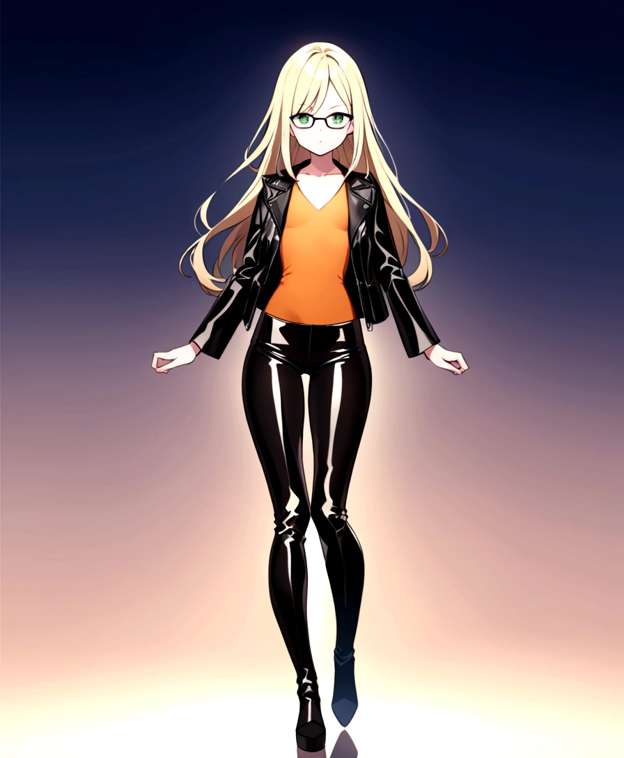a beautiful girl, with long blonde hair, who wears black glasses, with wide hips, narrow waist, flat chest, pretty face, with green eyes, 18 years, perfect and glowing skin, wearing flared leather pants and a leather jacket, with an orange blouse, full body.