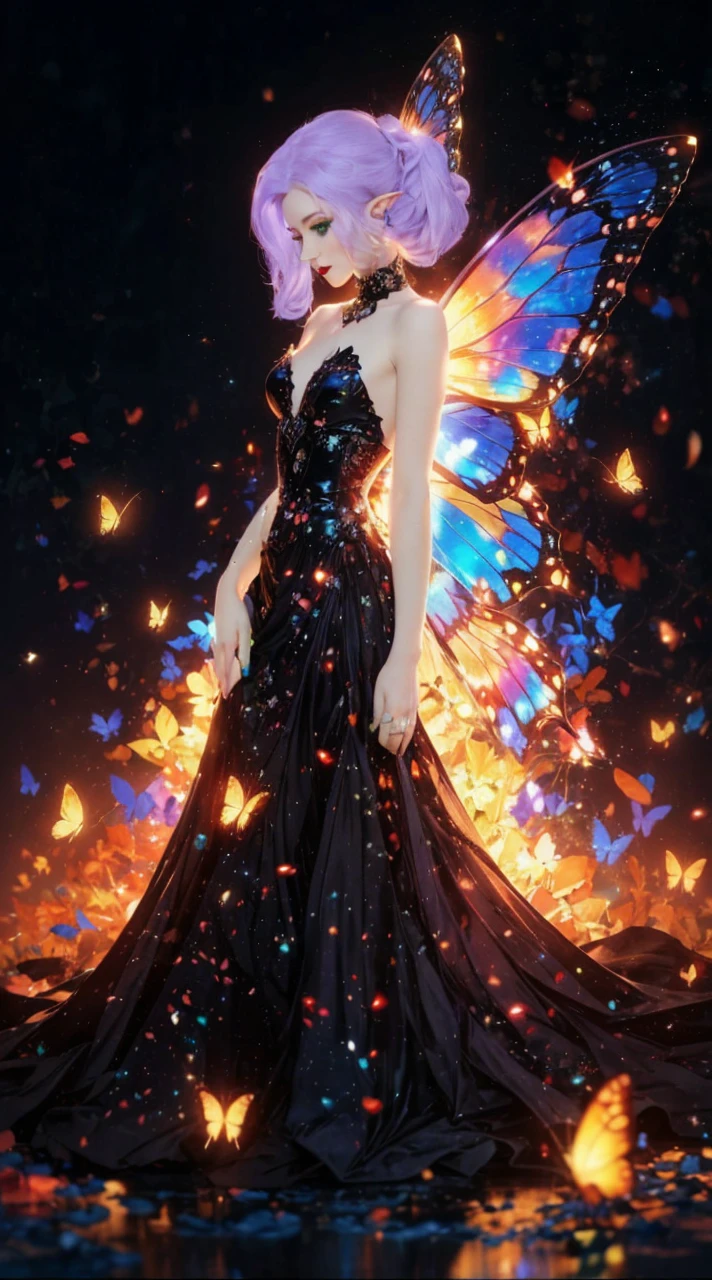 Scottish woman, beautiful, high quality, 8k, long waist length light pale purple hair, green eyes, red lips, eyelashes, full long colorful dress, boots, long hair, waist long hair, large colorful butterfly wings, fairy wings, elf ears