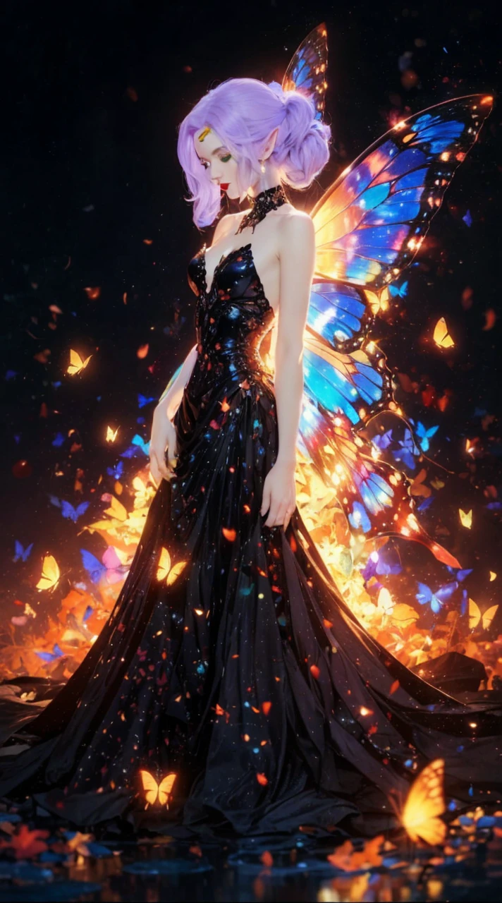 Scottish woman, beautiful, high quality, 8k, long waist length light pale purple hair, green eyes, red lips, eyelashes, full long colorful dress, boots, long hair, waist long hair, large colorful butterfly wings, fairy wings, elf ears