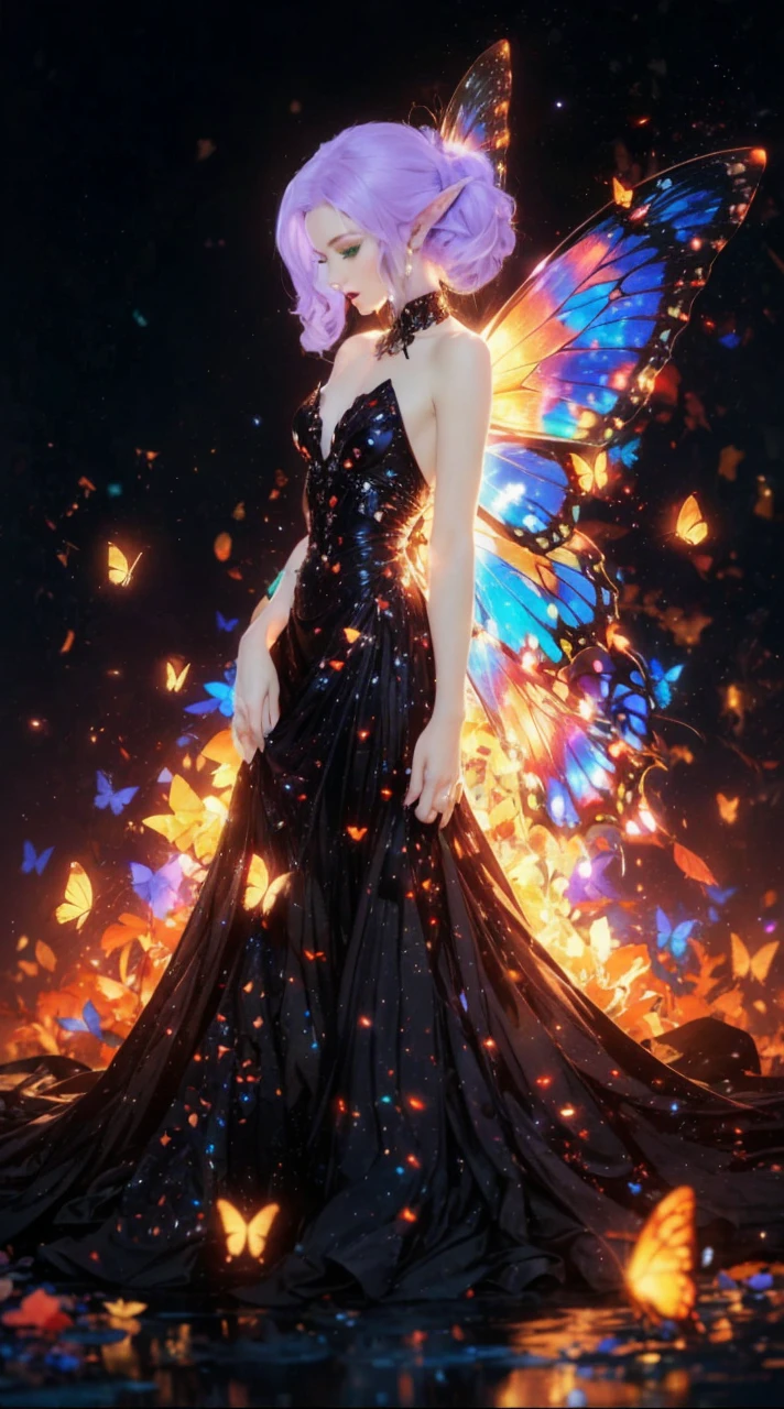 Scottish woman, beautiful, high quality, 8k, long waist length light pale purple hair, green eyes, red lips, eyelashes, full long colorful dress, boots, long hair, waist long hair, large colorful butterfly wings, fairy wings, elf ears