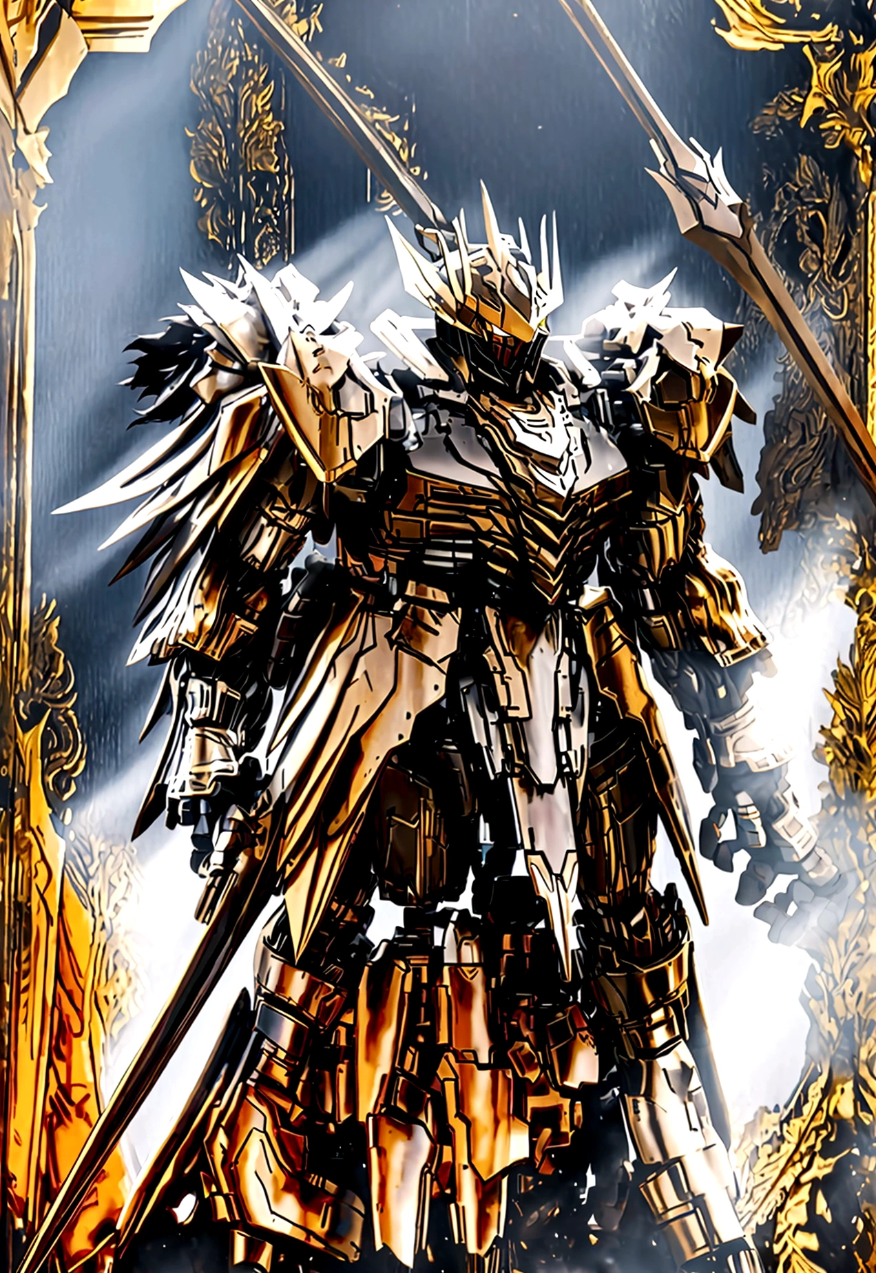 , Black Knight Armor , black fur shawl(Masterpiece,best quality,special, (Broad shoulders)) (muscle), warm sunlight,valley,Thick fog,soft light,Hold a long spear.