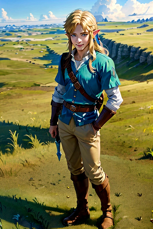 ((artwork)), (Highest quality), (detailed), ((1 boy)), (Link to the Legend of Zelda), smile, Full body standing figure of a blonde long-haired, blue-eyed girl、grassland、Beautiful sky、Beautiful Face