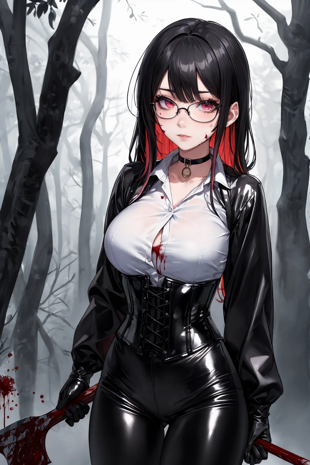 ((blood droplets)), ((blood)), ((blood splatter)), ((blood on clothes)), ((blood stain)), Masterpiece, Beautiful art, professional artist, 8k, Very detailed face, Detailed clothing, detailed fabric, 1 girl, Chiori \(genshin impact\), standing, perfectly drawn body, shy expression, pale skin, beautiful face, long black hair, 4k eyes, very detailed eyes, pink cheeks, glasses, choker:1.6, (white collar button down long sleeve shirt), black gloves, gloves that cover hands, (holds an ax with his right hand), (black leather corset), (shiny black leggings), Sensual Lips , evening de invierno, show details in the eyes, looking at the viewer, Dark road, dark forest, evening, Atmosphere, fog