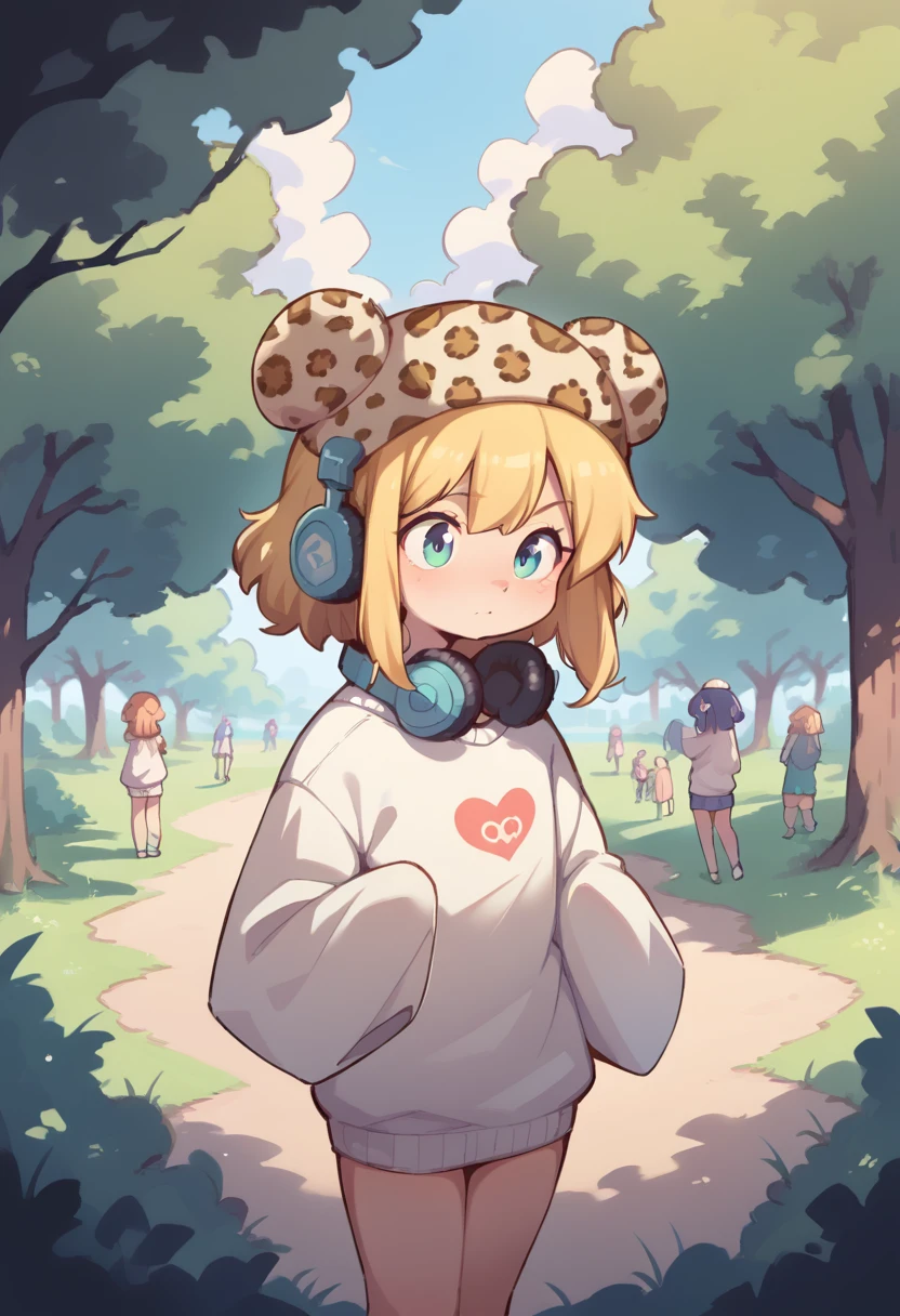 curvy woman, Orenji, pastel, improve, fur hat, tree, separate sleeves, White sweater, Bun, medium hair,  shirtless , headphones, several girls, leopard print, hair behind the ear