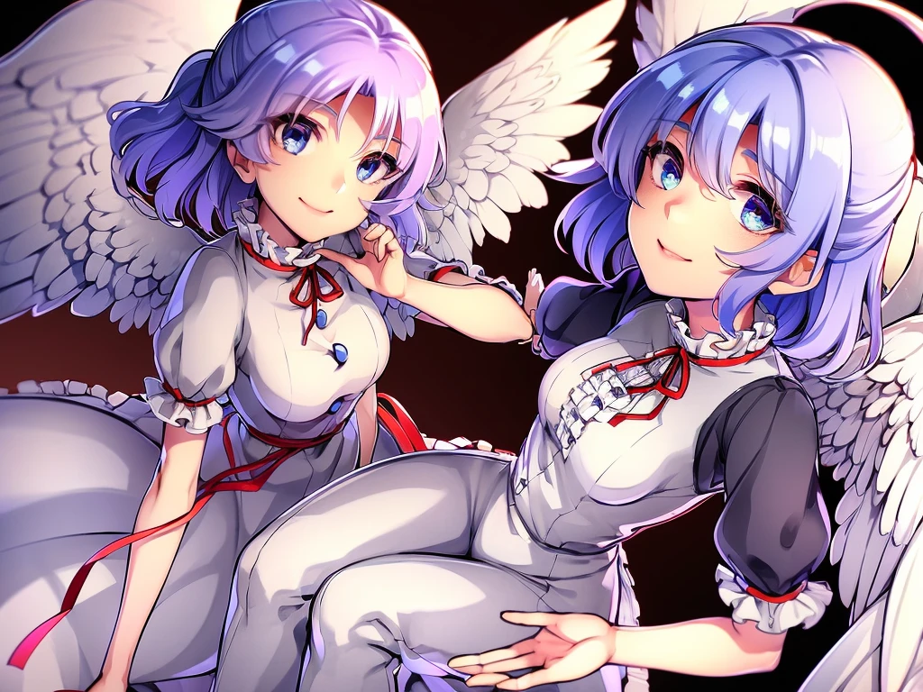 (best quality,4k,8k,highres,masterpiece:1.2), ultra-detailed, highly detailed texture, intricate details, A cute age angel with blue eyes, drawn in anime style, 1girl, , , 10 ydium blue hair, hair flaps, pink ribbon on head, well-formed face, blue eyes, angel girl, white blouse, puffy short sleeves, red ribbon, angel wings, long white skirt, red shoes, frills, ribbon head, A pair of angel wings on the back