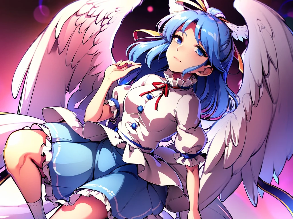 (best quality,4k,8k,highres,masterpiece:1.2), ultra-detailed, highly detailed texture, intricate details, A cute teenage angel with blue eyes, drawn in anime style, 1girl, , , 10 years old, medium blue hair, hair flaps, pink ribbon on head, well-formed face, blue eyes, angel girl, white blouse, puffy short sleeves, red ribbon, angel wings, long white skirt, red shoes, frills, ribbon head, A pair of angel wings on the back
