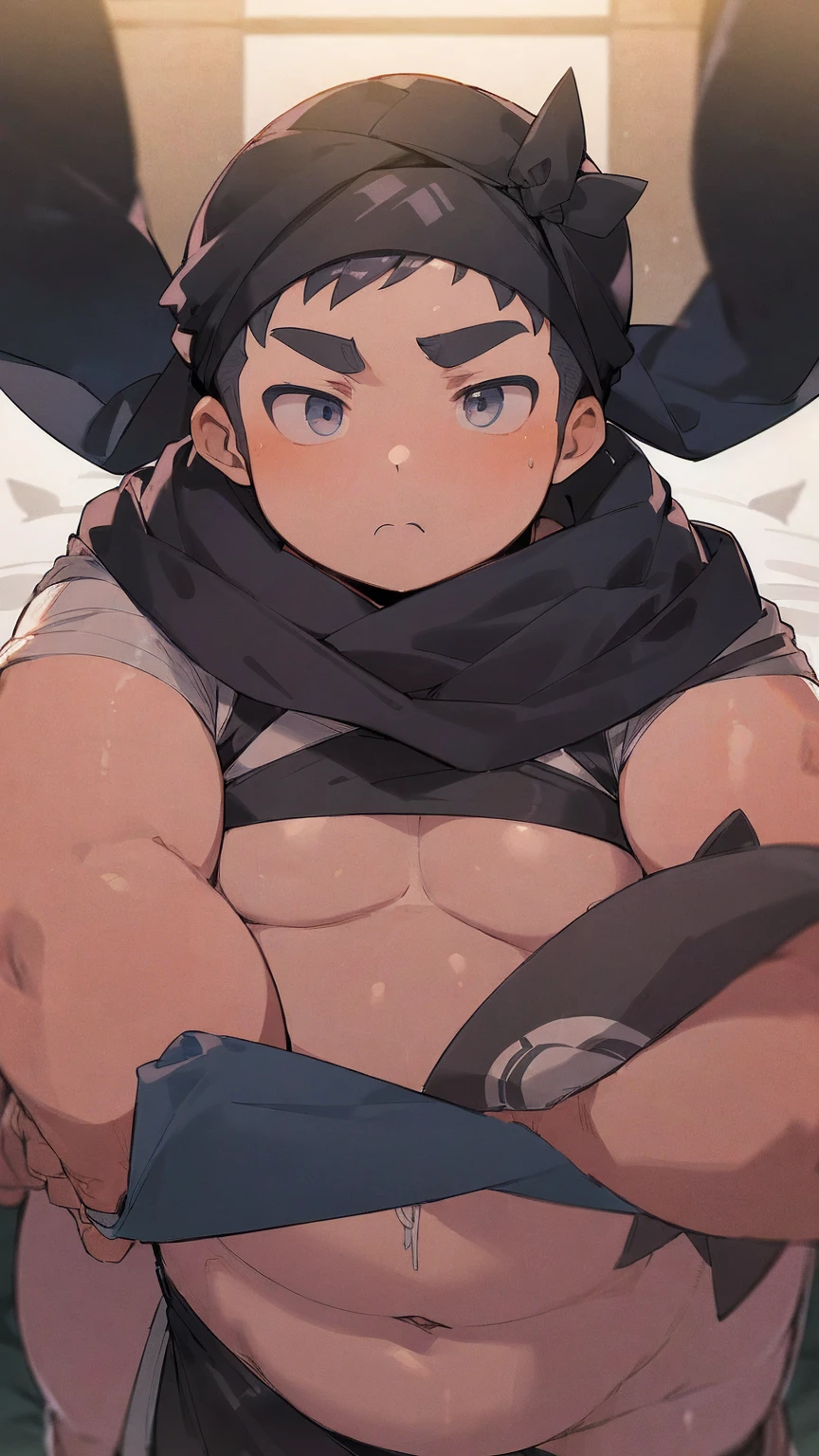 ((androgynous)), beautiful, (pudgy face), (thick),(ikemen), ((boyish)), (handsome), (chubby), belly, muscular, (beefy), ((Ninja)), (cool), ((Wearing a black hood)), ((Only the eyes are visible through the hood)), ((The black bandana obscures his mouth)), ((A black bandana covers his mouth)), (Helmet-like hood)