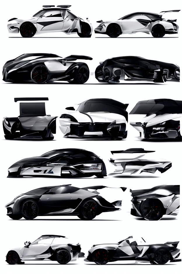 You are a top professional designer.。 this time、I decided to design a new car.。 The following are the conditions。 ・Only one vehicle ・Fairlady Z-like design ・Written in large letters ・Sedan ・Body color must be black ・Delicate details even down to the wheels、Beautifully drawn。 - Divided into 3 screens, front、side、Writing the back part separately。
