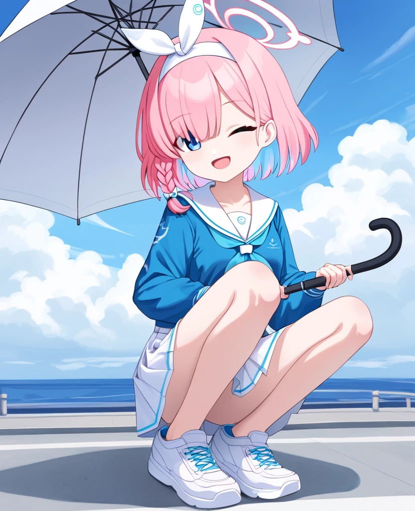 arona (blue archive), 1girl, solo, looking at viewer, smile, short hair, open mouth, bangs, blue eyes, skirt, shirt, long sleeves, holding, , blue hair, full body, pink hair, braid, multicolored hair, hairband, one eye closed, sky, shoes, serafuku, day, cloud, sailor collar, hair over one eye, two-tone hair, blue sky, neckerchief, umbrella, halo, white footwear, white skirt, cloudy sky, blue shirt, sneakers, white sailor collar, white hairband, colored inner hair, holding umbrella, bow hairband