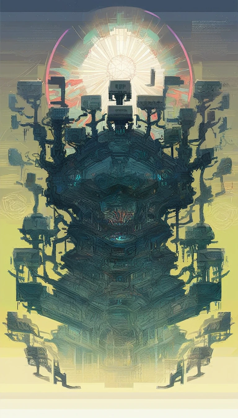 (Vision:1.3), (Full body shot:1.5), A purple cyberpunk robot monk with folded hands, multiple hands, meditating, sitting in lotus position, doing meditation pose, wearing an ornate headdress made of black metal parts, precision mechanical body, ultra-fine electronic components, temple background, surrealism, cinematic lighting, musical note hair ornament, Surrealism, blind box toy style, Futurism, Conceptual art, Luminism, god rays, symmetry, first-person view, Ultra-Wide Angle, UHD, anatomically correct, accurate, masterpiece, award winning, 8k