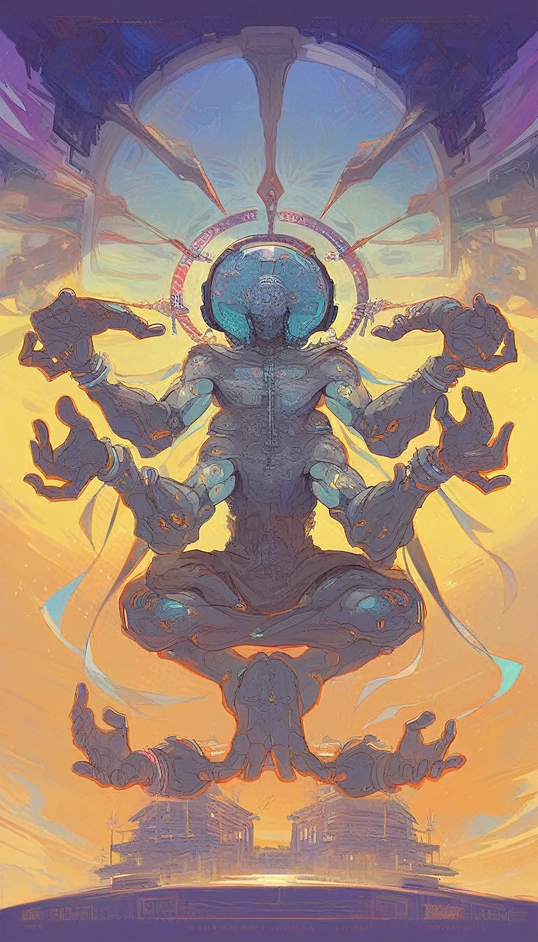 (Vision:1.3), (Full body shot:1.5), A purple cyberpunk robot monk with folded hands, multiple hands, meditating, sitting in lotus position, doing meditation pose, wearing an ornate headdress made of black metal parts, precision mechanical body, ultra-fine electronic components, temple background, surrealism, cinematic lighting, musical note hair ornament, Surrealism, blind box toy style, Futurism, Conceptual art, Luminism, god rays, symmetry, first-person view, Ultra-Wide Angle, UHD, anatomically correct, accurate, masterpiece, award winning, 8k