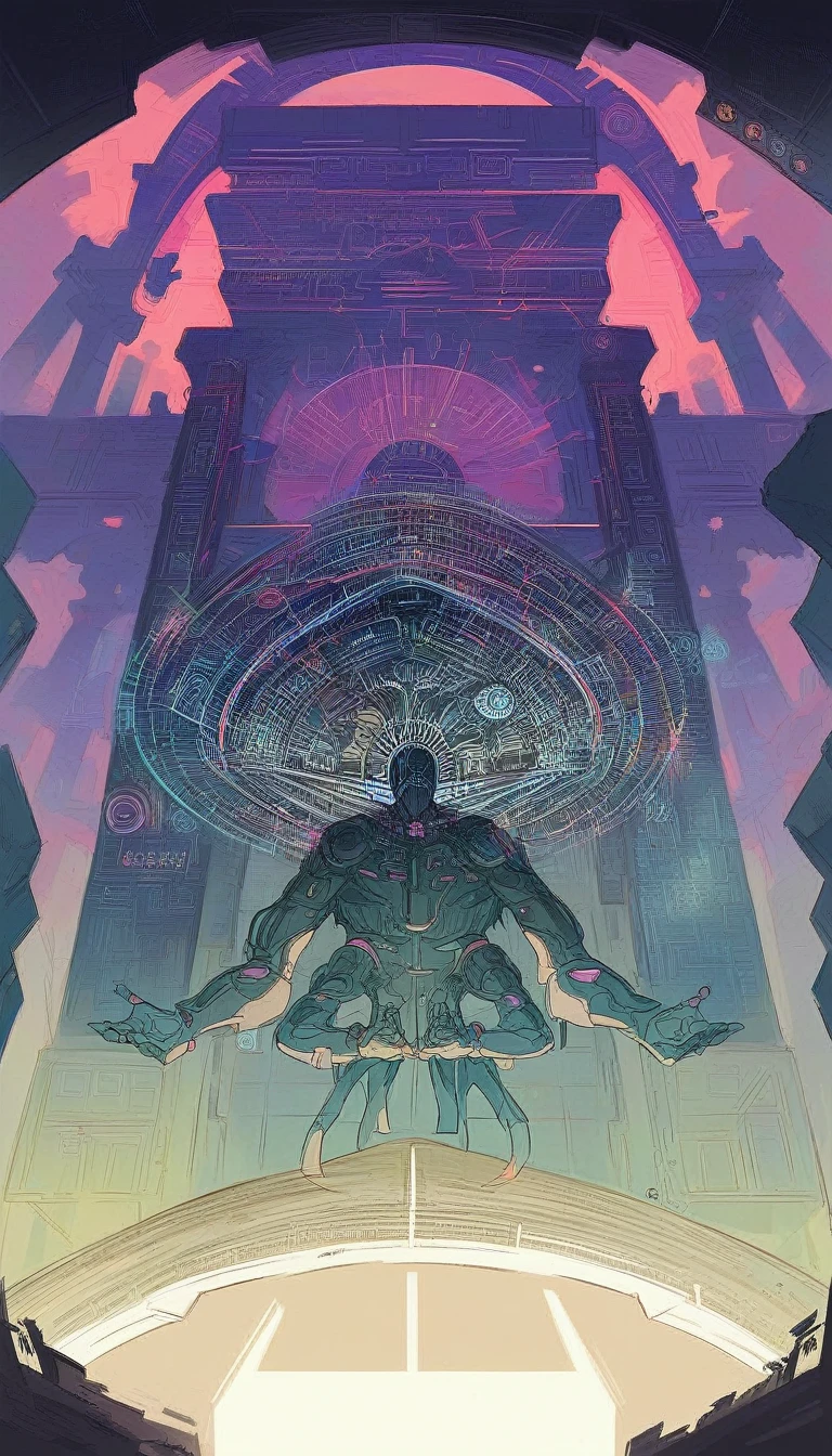 (Vision:1.3), (Full body shot:1.5), A purple cyberpunk robot monk with folded hands, multiple hands, meditating, sitting in lotus position, doing meditation pose, wearing an ornate headdress made of black metal parts, precision mechanical body, ultra-fine electronic components, temple background, surrealism, cinematic lighting, musical note hair ornament, Surrealism, blind box toy style, Futurism, Conceptual art, Luminism, god rays, symmetry, first-person view, Ultra-Wide Angle, UHD, anatomically correct, accurate, masterpiece, award winning, 8k
