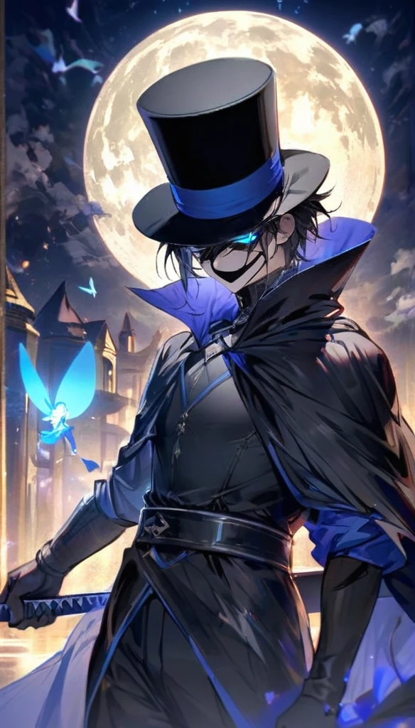 Holding a sword, black mask, glowing eyes, black cape, black top hat, blue full moon, blue fairy, golden aura, man with short black hair 