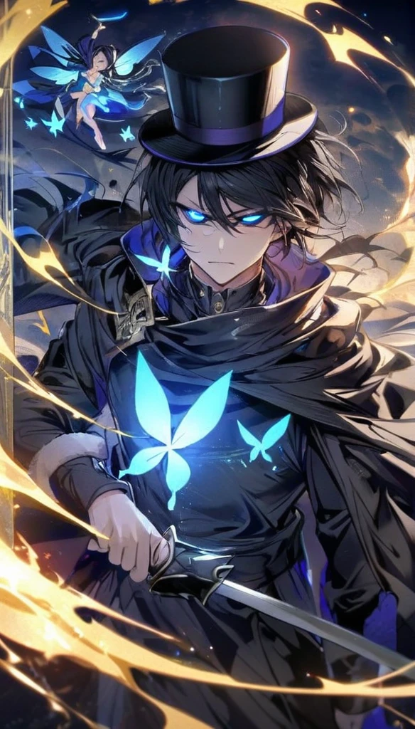 Holding a sword, black mask, glowing eyes, black cape, black top hat, blue full moon, blue fairy, golden aura, man with short black hair