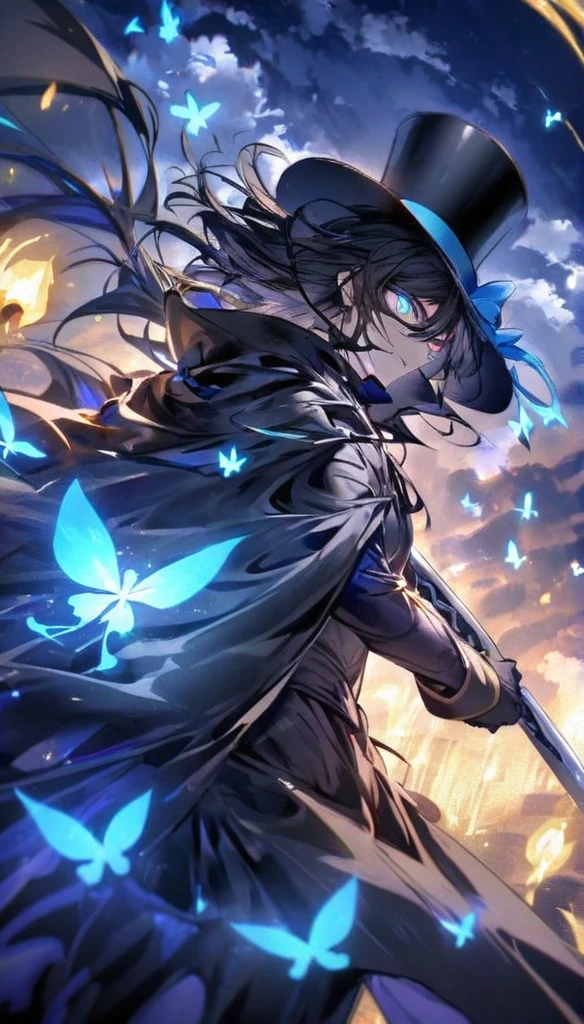Holding a sword, black mask, glowing eyes, black cape, black top hat, blue full moon, blue fairy, golden aura, man with short black hair