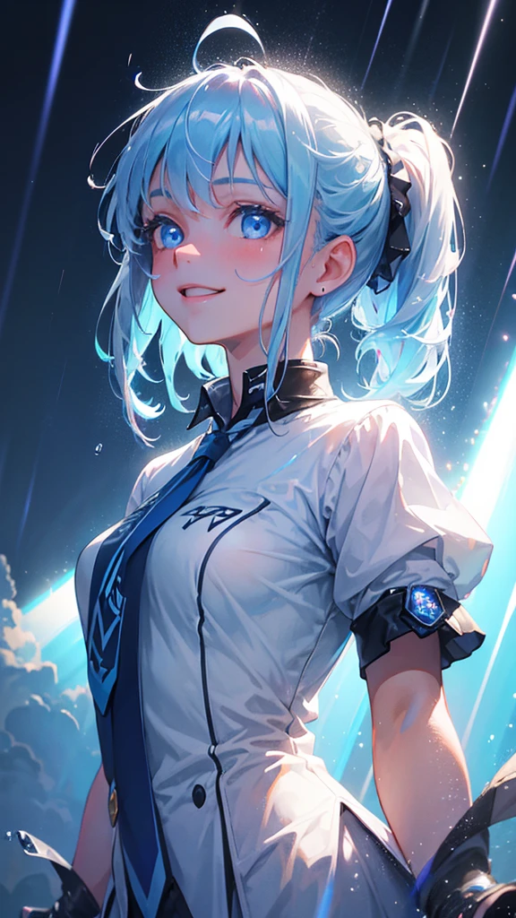 a young girl with a blue ponytail, large raindrops falling, raindrops glowing and refracting light, beams of light, light blue eyes, smiling and looking up at the sky, sunlight streaming in, best quality, 8k, high resolution, masterpiece