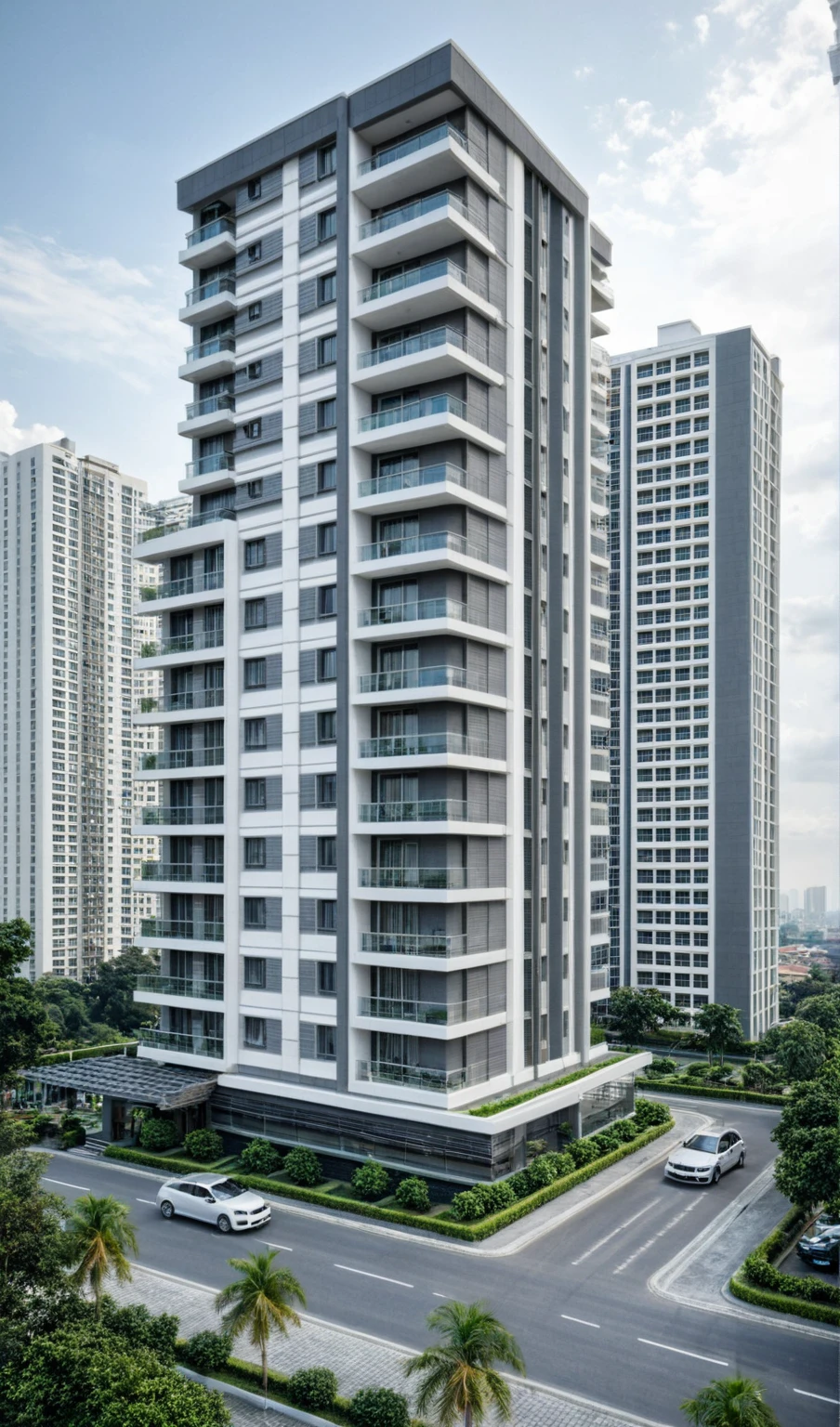 a residential towers, with a small podium at the ground floor and white color, in the Ho Chi Minh city in Viet Nam, The highlight is the dark grey wall, exuding a neat, sharp look., designed in the style of modern architectural style. The towers have rectangular balconies on each side.side view,During the daytime, natural lighting, architectural photography, masterpiece, best quality, photorealism, ultra relistic,