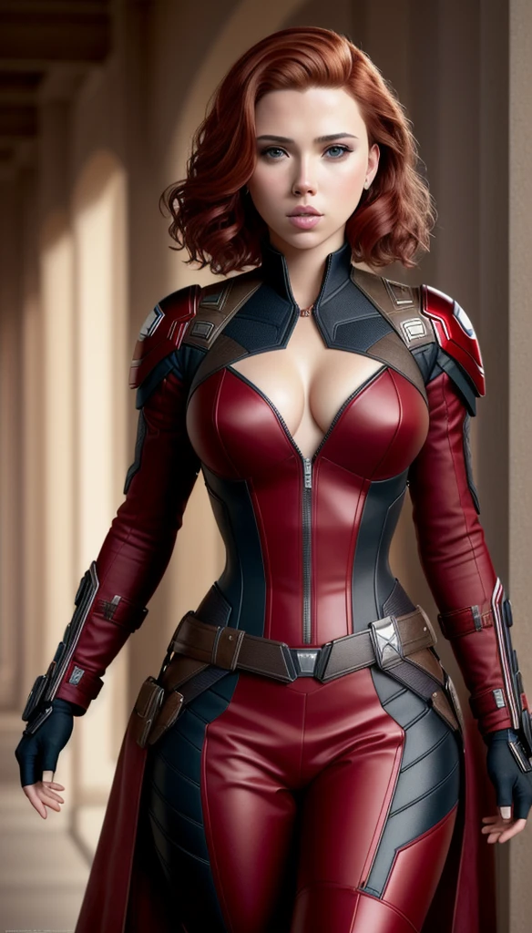 (masterpiece), (best quality), (photorealistic:1.3), 8k, detailed skin texture, detailed cloth texture, beautiful detailed face, intricate details, ultra detailed, scarlett johansson, Black Widow in the style of the Captain America, straight red hair, (full-length body:1.2)