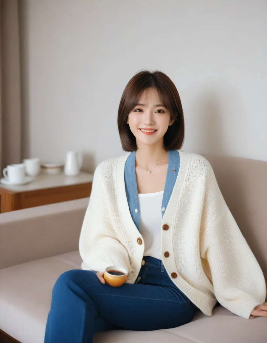 Beautiful Korean Woman , 32 inch chest size, Your eyes are big and pretty. Wearing a cardigan with a blouse, casual pants, short medium hair, Smile. necklace, sit on the sofa , coffee on the table, uhd