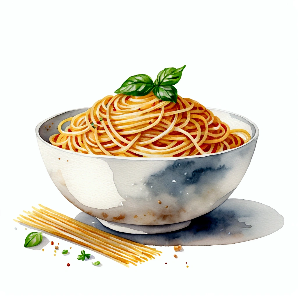 there is white bowl full of delicious spaghetti,  illustration, isolated with solid white background, surrounded with negative space, centered compositon, 8k, highly detailed painting, very precise painting, Isolated, clear brilliant white background, perspective angle of view, vector clipart, washed out color ((lora:add-detail-xl:1)), (watercolor), clipart style