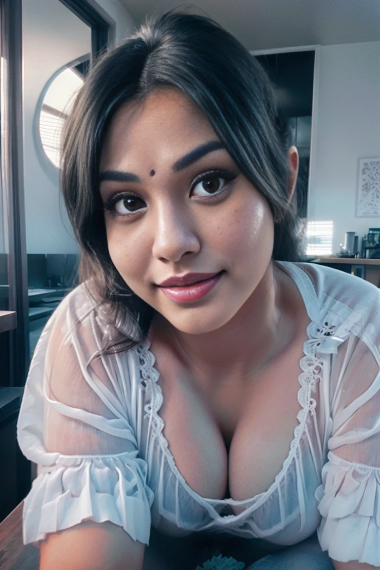 Jaya Prada 28 years old beautiful different cute Indian face Indian girl, big bulky m-cup breast, curvy plus size body figure, white 3d Cross Stitch Embroidery transparent t-shirt, white 3d Abstract Cross Stitch Wearing a transparent Banarasi descent saree politely, different hairstyle, bright eyes, thin eyebrows, fair skin, blushing cheeks, head to thigh close up view, smiling face, ultra realistic skin texture, Straight front view standing, beautiful different Modern Kitchen Studio background, ultra realistic, close up head to thigh view, black hair, Provocative eye Contact, glossy lipstick, attractive eye contract face, big bulky breast, see through blouse