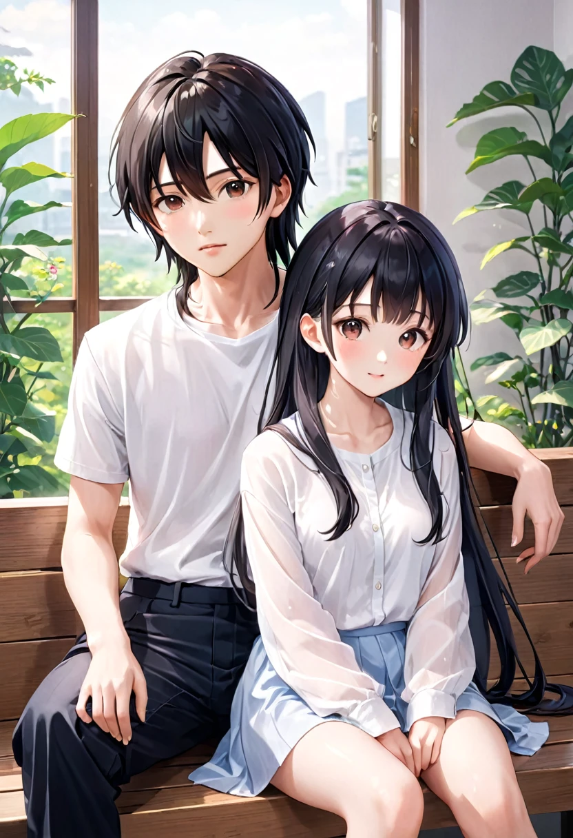 Couple, There are only two people, A beautiful woman with long hair wearing a white shirt, cute anime-style face, realistic anime girl, Chisato, black hair with bangs, Kurumi, cute and delicate face, young cute pale Asian face, Sakimichan, Realistic anime boy, A handsome boy in a white shirt, girl sitting in boy's arms, Smiling at the camera Look at each other