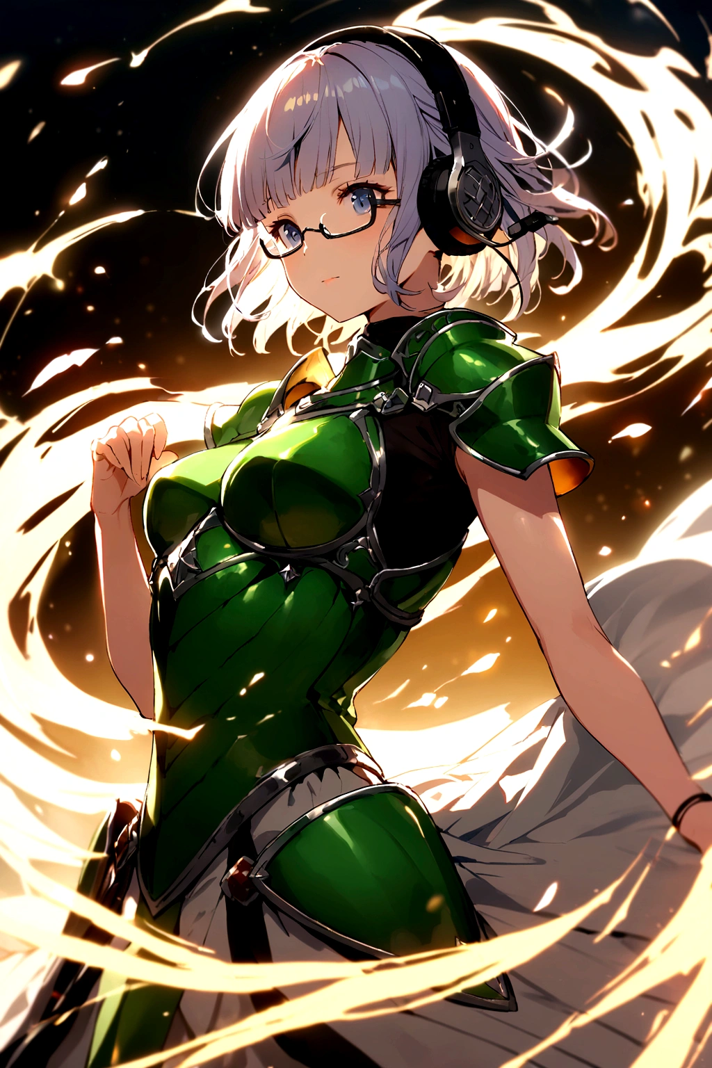 (extremely detailed fine touch:1.3), solo, (((semi-rimless eyewear:1.3))), (headphone:1.2), short hair, blunt bangs,bare arms,1 girl, green leather armor knight, 
A female knight who collects magical energy in her hands and unleashes the magic of swirling winds. green Motion-blur back ground,