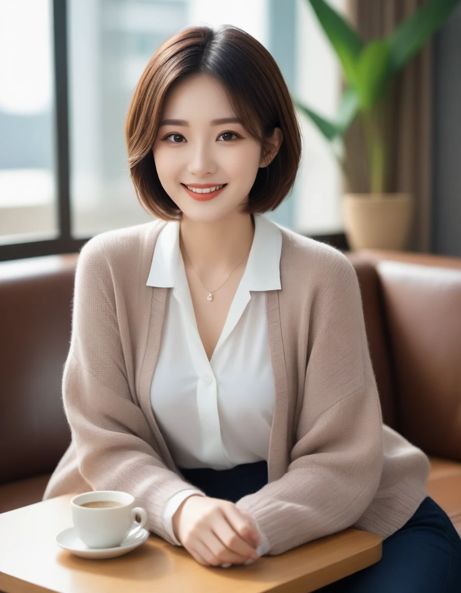 
Beautiful Korean Woman , 32 inch chest size, Your eyes are big and pretty. Wearing a cardigan with a blouse, casual pants, short medium hair, Smile. necklace, sit on the sofa , coffee on the table, uhd