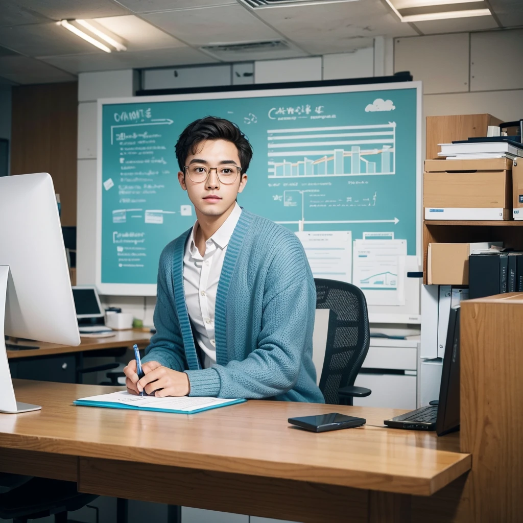 Create an image of a young man wearing a light blue cardigan over a shirt, donning glasses, and holding a pen and a board, embodying an administrator type. Surround him with a vibrant background that complements his professional demeanor, such as a bustling office environment with charts and graphs, or a modern workspace filled with technology and innovation. Capture the focus and efficiency of an administrator against a backdrop that highlights his organizational skills and leadership potential.