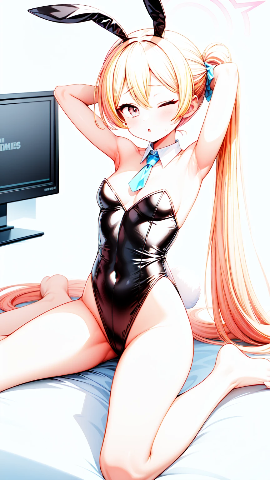 1girl,masterclass,best quality, illustration, solo, koyukibunny, ;o, one eyes closed,on bed,blush,breasts,full_body,wariza,spread legs,arm up, arm behind head, direct lighting to face
