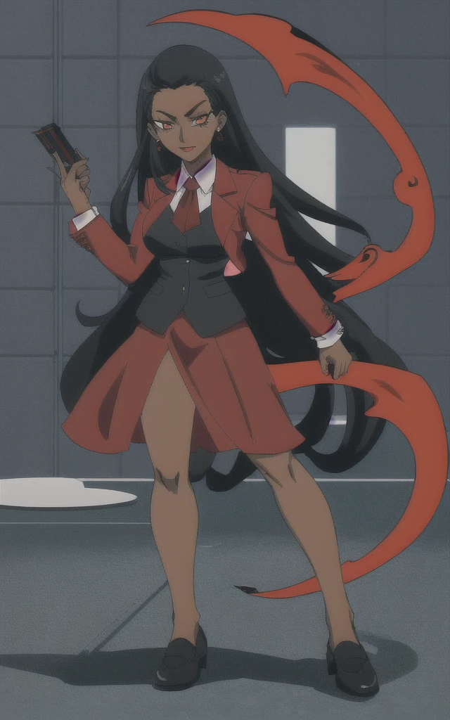 90s anime adult Evil black skinned business woman in a red skirt and red blazer suit full body