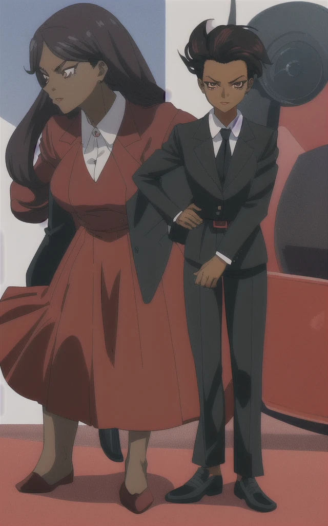 90s anime adult Evil black skinned business woman in a red skirt and red blazer suit full body