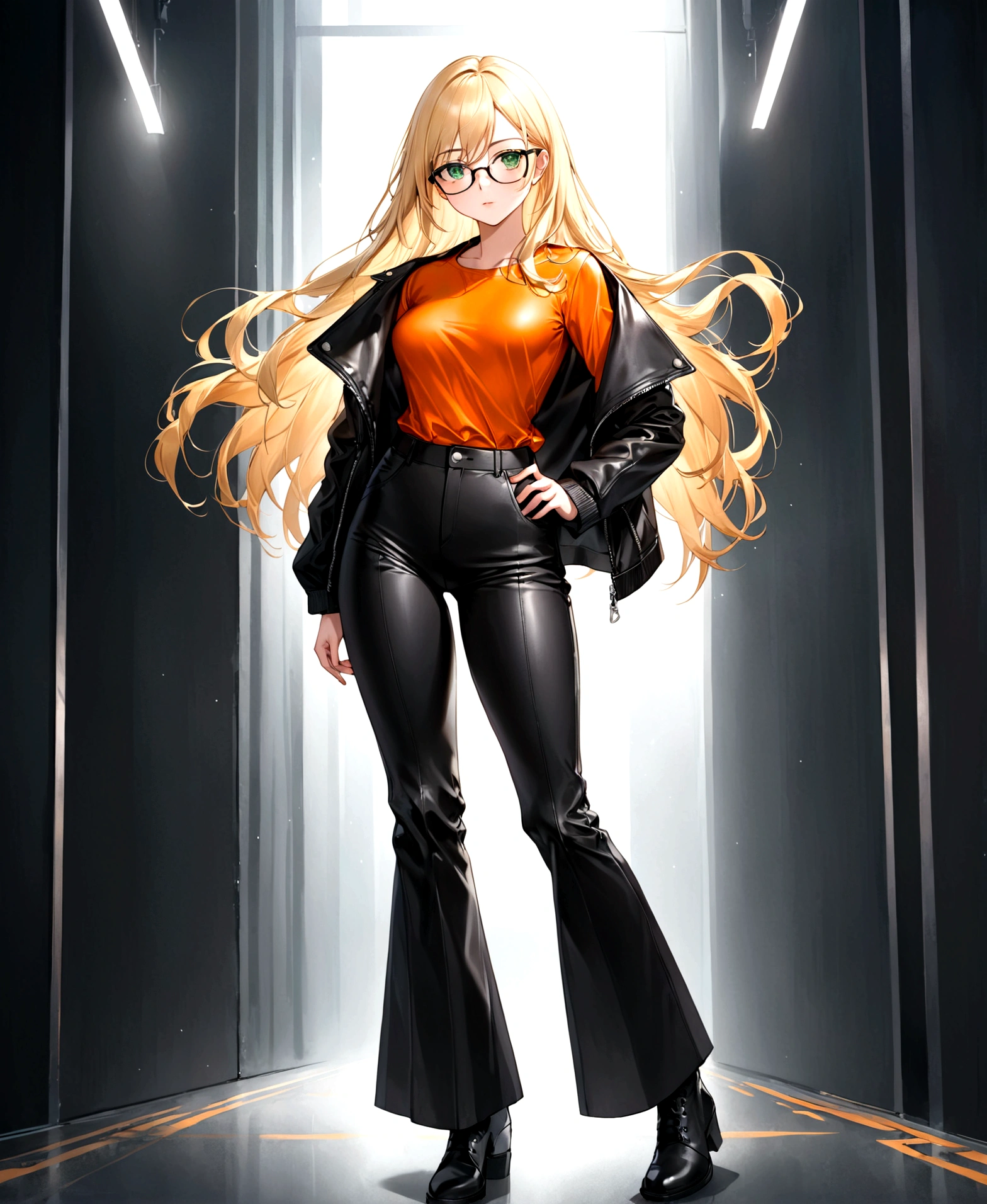 a beautiful girl, with long blonde hair, who wears black glasses, with wide hips, narrow waist, flat chest, pretty face, with green eyes, 18 years, perfect and glowing skin, wearing flared leather pants and a leather jacket, with an orange blouse, full body.