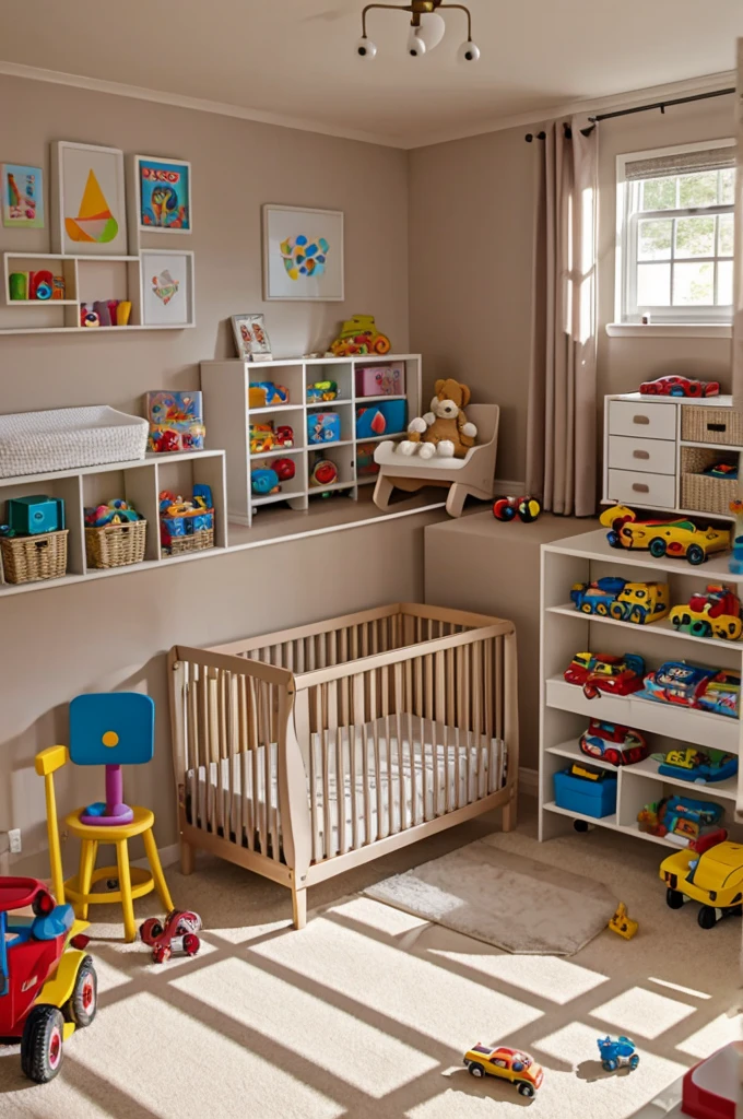 Empty nursery with toys scattered throughout the room