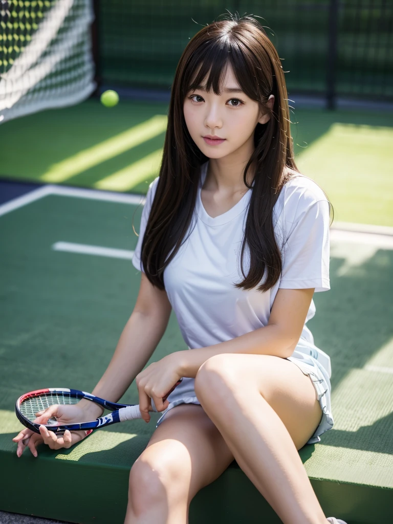 tennis、tennisラケット、tennisボール、tennisコート、(Highest quality)、((Very detailed))、4K、(8K)、masterpiece、Very detailedな、Highest quality、Super Resolution、1 person、Kind Face、Soft Light、RAW quality、Soft Skin、163cm、30 years old、Thighs